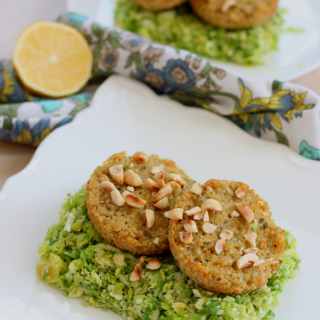Raw Brussel Sprout salad with crispy quinoa cakes